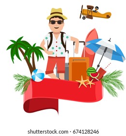 Summer vector banner design concept with a tourist man standing with travel elements background and Red empty ribbon for your text. Vector illustration.