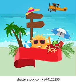 Summer vector banner design concept with sea or ocean background and Red empty ribbon for your text. Vector illustration.