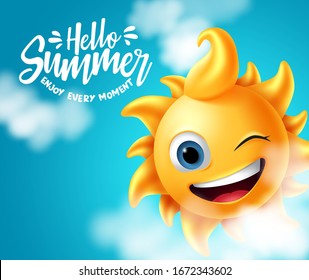 Summer vector banner design. Hello summer enjoy every moment text with sun character in cute facial expression with clouds element in sky background. Vector illustration. 