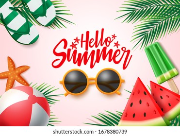 Summer vector banner design. Hello summer greeting text with colorful beach elements like sunglasses, beach ball, popsicle and palm leaves for holiday season. Vector illustration.