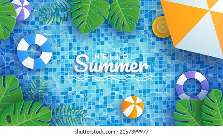 Summer vector banner design on swimming pool background with floating elements like leaves and beach ball for summer vacation vacation. Vector illustration