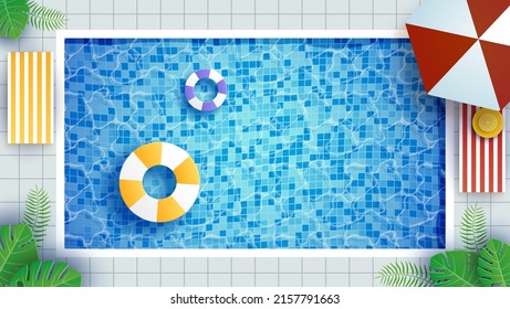 Summer vector banner design on swimming pool background with floating elements like leaves and beach ball for summer vacation vacation. Vector illustration