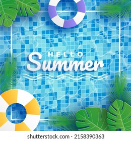 Summer vector banner design on swimming pool background with floating elements like leaves and beach ball for summer vacation vacation. Vector illustration