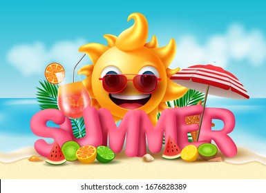 Summer vector banner design. Summer in pink 3d text with smiling sun and tropical fruits like water melon, orange, kiwi, lemon, lime and fresh juice in beach seaside background. Vector illustration. 