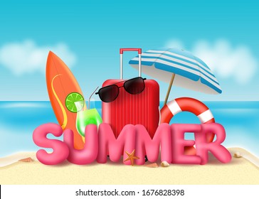 Summer vector banner design. Summer pink 3d text with beach elements like luggage, sunglasses, surf board, lifebuoy, umbrella, and sea shell in beach seaside background. Vector illustration. 
