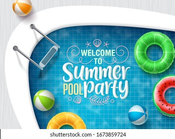 Summer vector banner design. Summer pool party text with floating beach elements for holiday seasonal promotion. Vector illustration.