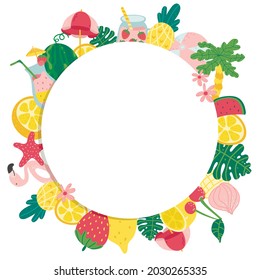 Diseño de banner vectorial de verano para promoción con elementos coloridos de playa detrás del círculo blanco 
