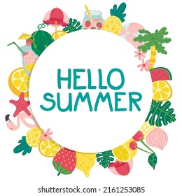 Diseño de banner vectorial de verano para promoción con elementos coloridos de playa detrás del círculo blanco. verano