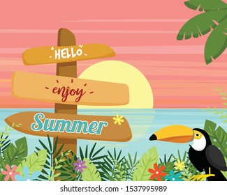Summer vector banner design with Signs made of wood and hornbill bird on sunset background