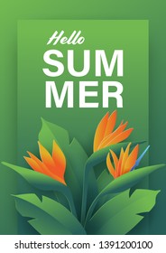 Summer vector banner design with strelitzia and leaves. Vertical template in paper art style. Vector illustration.