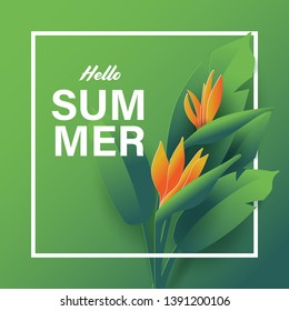 Summer vector banner design with strelitzia and leaves. Square template in paper art style. Vector illustration.