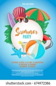 Summer vector banner design template in beach theme with summer elements and balloon in blue sky background. Vector illustration.