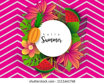Summer vector banner design with tropical fruits and palm leaves background. Vector illustration.