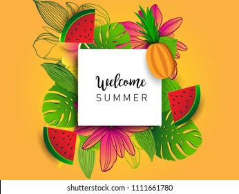 Summer vector banner design with tropical fruits and palm leaves background. Vector illustration.