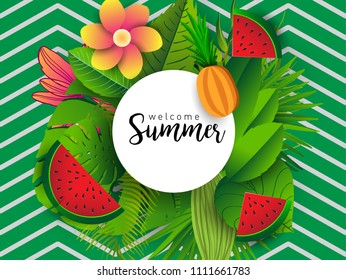 Summer vector banner design with tropical fruits and palm leaves background. Vector illustration.