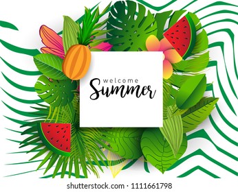 Summer vector banner design with tropical fruits and palm leaves background. Vector illustration.