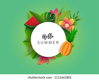 Summer vector banner design with tropical fruits and palm leaves background. Vector illustration.