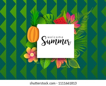 Summer vector banner design with tropical fruits and palm leaves background. Vector illustration.