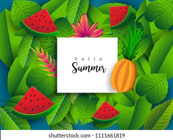 Summer vector banner design with tropical fruits and palm leaves background. Vector illustration.