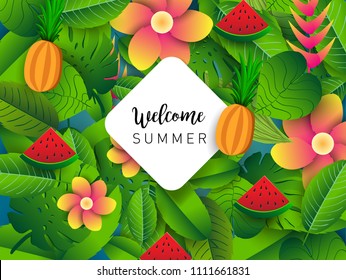 Summer vector banner design with tropical fruits and palm leaves background. Vector illustration.