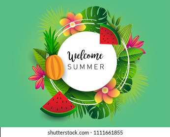 Summer vector banner design with tropical fruits and palm leaves background. Vector illustration.