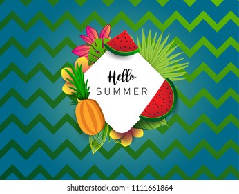 Summer vector banner design with tropical fruits and palm leaves background. Vector illustration.