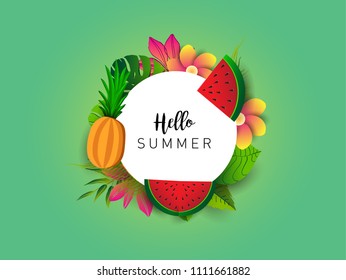 Summer vector banner design with tropical fruits and palm leaves background. Vector illustration.
