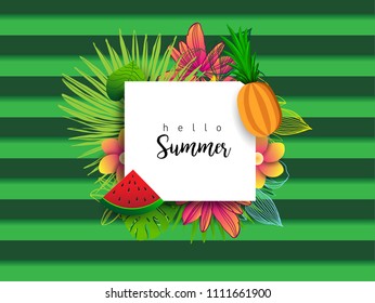 Summer vector banner design with tropical fruits and palm leaves background. Vector illustration.