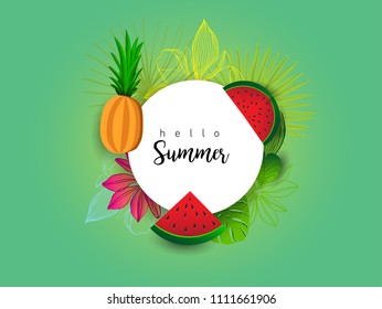 Summer vector banner design with tropical fruits and palm leaves background. Vector illustration.
