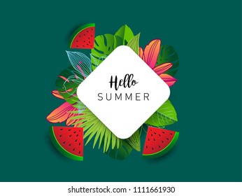 Summer vector banner design with tropical fruits and palm leaves background. Vector illustration.