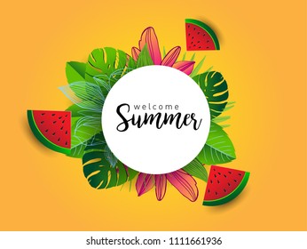 Summer vector banner design with tropical fruits and palm leaves background. Vector illustration.