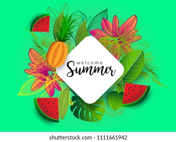 Summer vector banner design with tropical fruits and palm leaves background. Vector illustration.