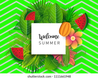 Summer vector banner design with tropical fruits and palm leaves background. Vector illustration.
