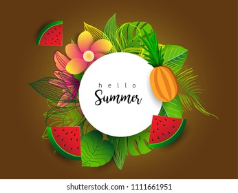 Summer vector banner design with tropical fruits and palm leaves background. Vector illustration.