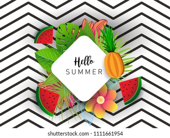 Summer vector banner design with tropical fruits and palm leaves background. Vector illustration.