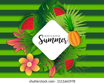 Summer vector banner design with tropical fruits and palm leaves background. Vector illustration.