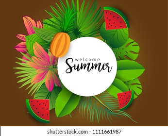 Summer vector banner design with tropical fruits and palm leaves background. Vector illustration.