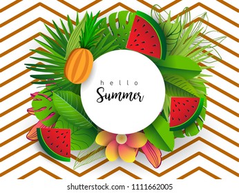 Summer vector banner design with tropical fruits and palm leaves background. Vector illustration.
