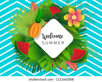 Summer vector banner design with tropical fruits and palm leaves background. Vector illustration.