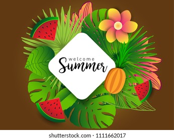 Summer vector banner design with tropical fruits and palm leaves background. Vector illustration.