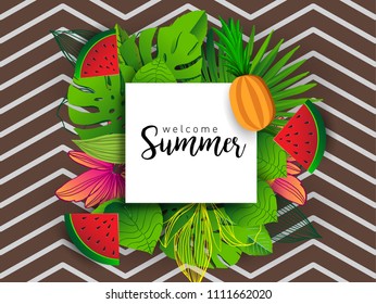 Summer vector banner design with tropical fruits and palm leaves background. Vector illustration.