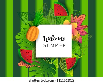 Summer vector banner design with tropical fruits and palm leaves background. Vector illustration.
