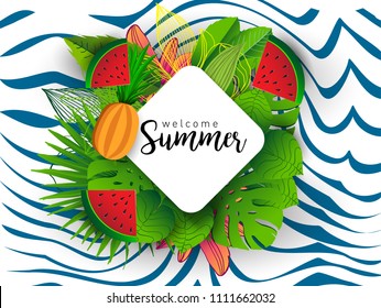 Summer vector banner design with tropical fruits and palm leaves background. Vector illustration.