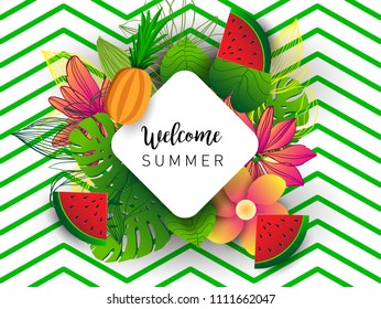 Summer vector banner design with tropical fruits and palm leaves background. Vector illustration.