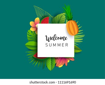 Summer vector banner design with tropical fruits and palm leaves background. Vector illustration.