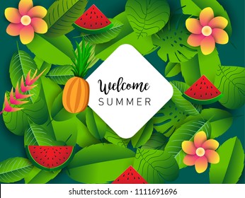 Summer vector banner design with tropical fruits and palm leaves background. Vector illustration.