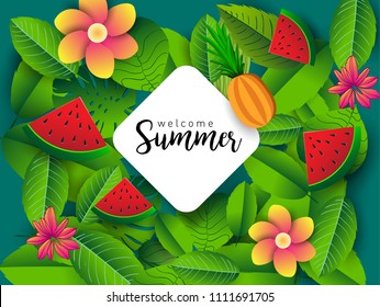 Summer vector banner design with tropical fruits and palm leaves background. Vector illustration.