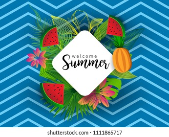 Summer vector banner design with tropical fruits and palm leaves background. Vector illustration.