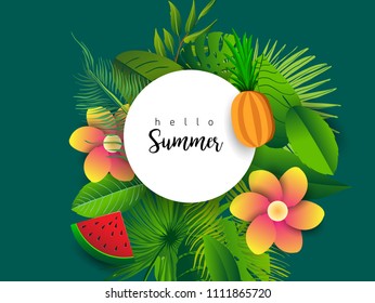 Summer vector banner design with tropical fruits and palm leaves background. Vector illustration.