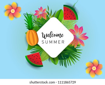 Summer vector banner design with tropical fruits and palm leaves background. Vector illustration.